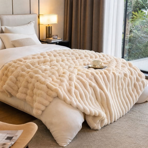 Striped Bubble Faux Rabbit Fur Throw Blanket,60"x80",Ultra Soft,Luxury Ribbed Faux Fur Throw,Thick Warm Textured Blanket,Cozy Fluffy Reversible Polyester for Bed,Couch,Chair,Sofa,Beige