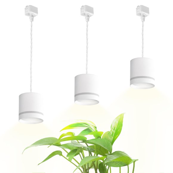 FSLiving J-Type Track Light Full Spectrum for Indoor Plants Linear Look White Pendant Lights with Focused Adjustable Height Industrial Kitchen 3 Lights Idea for Large Plant Light