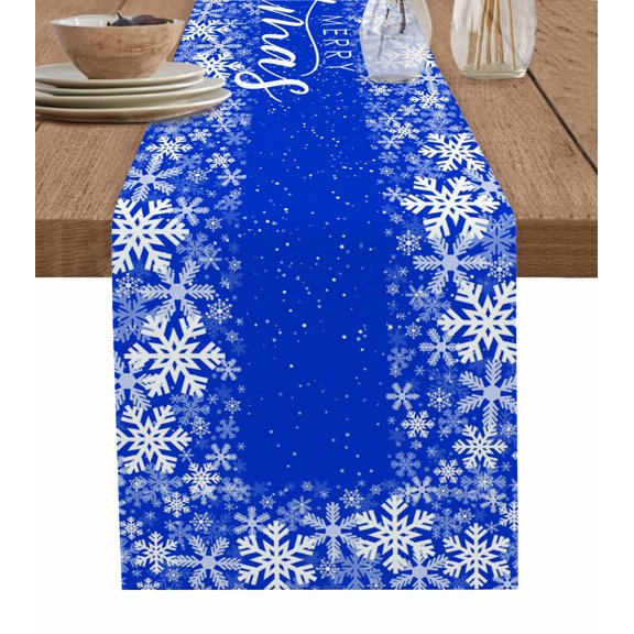 Merry Christmas Table Runner 72 Inches, Winter Snowflake Xmas Aesthetic Blue Bed Runner Dresser Scarves Tabletop for Indoor Outdoor Parties/Ceremony/Banquet, 14" x 72"
