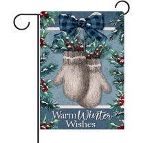 Warm Winter Wishes Gloves Decorative Garden Flag, Mitten Red Berries Farmhouse Yard Outside Decorations, Christmas Outdoor Small Decor 12x18
