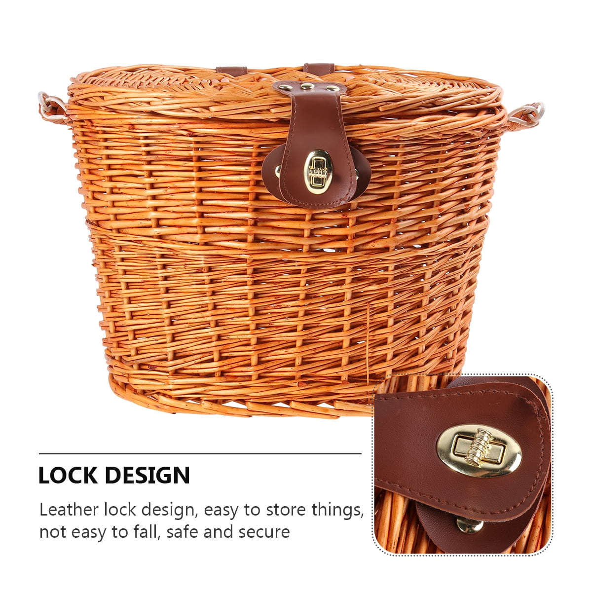 Worgeous Brown Wicker Bike Basket with Lid and Handle for Front Handlebar, Fits Most Cruiser Bikes, Stylish and Design