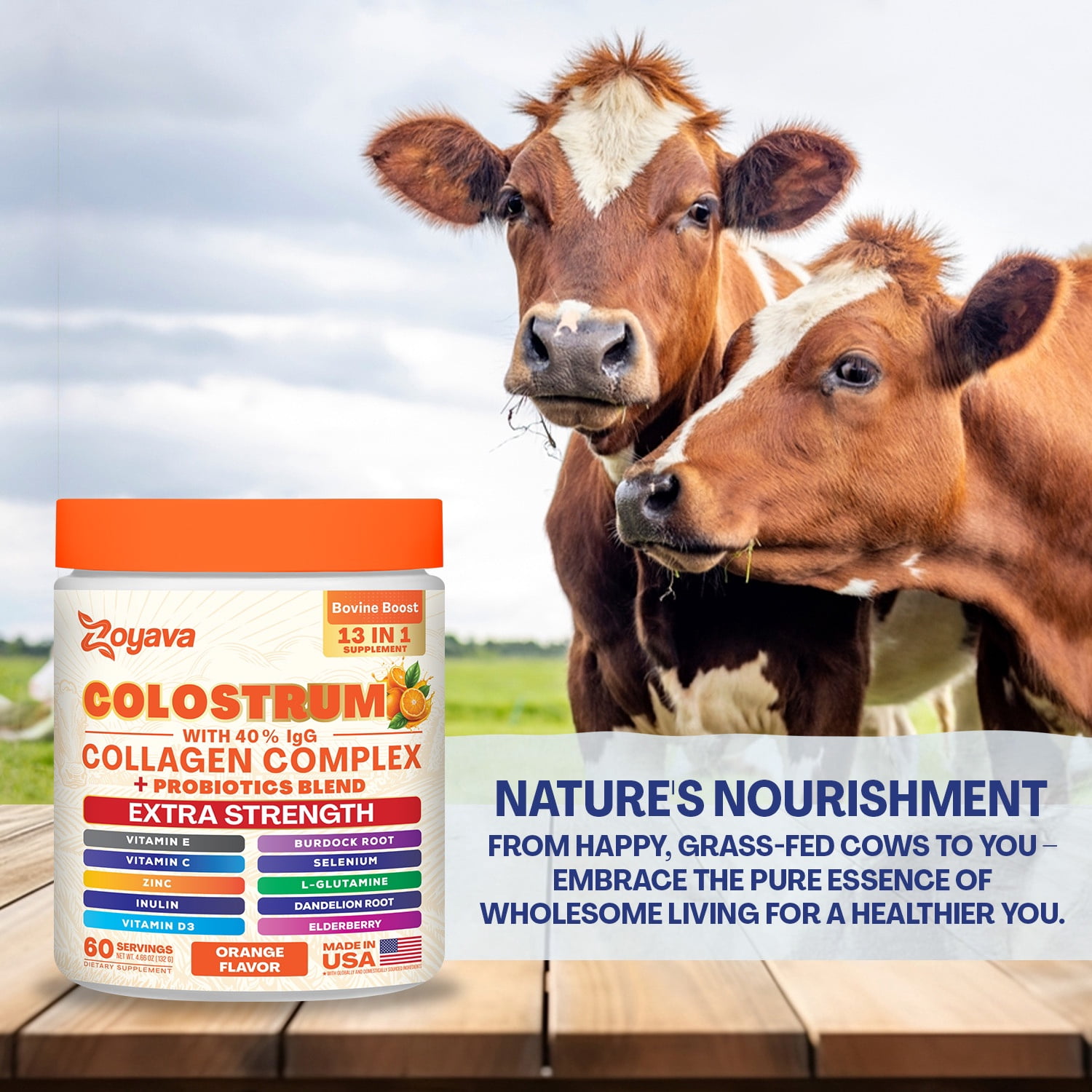 Parrox Colostrum Powder with 40% IgG, Collagen, Probiotics, Burdock Root,  L-Glutamine, Elderberry, Vitamin C, Vitamin E, Vitamin D3, Inulin, Selenium, Dandelion Root, Zinc, 60 Servings (Orange)