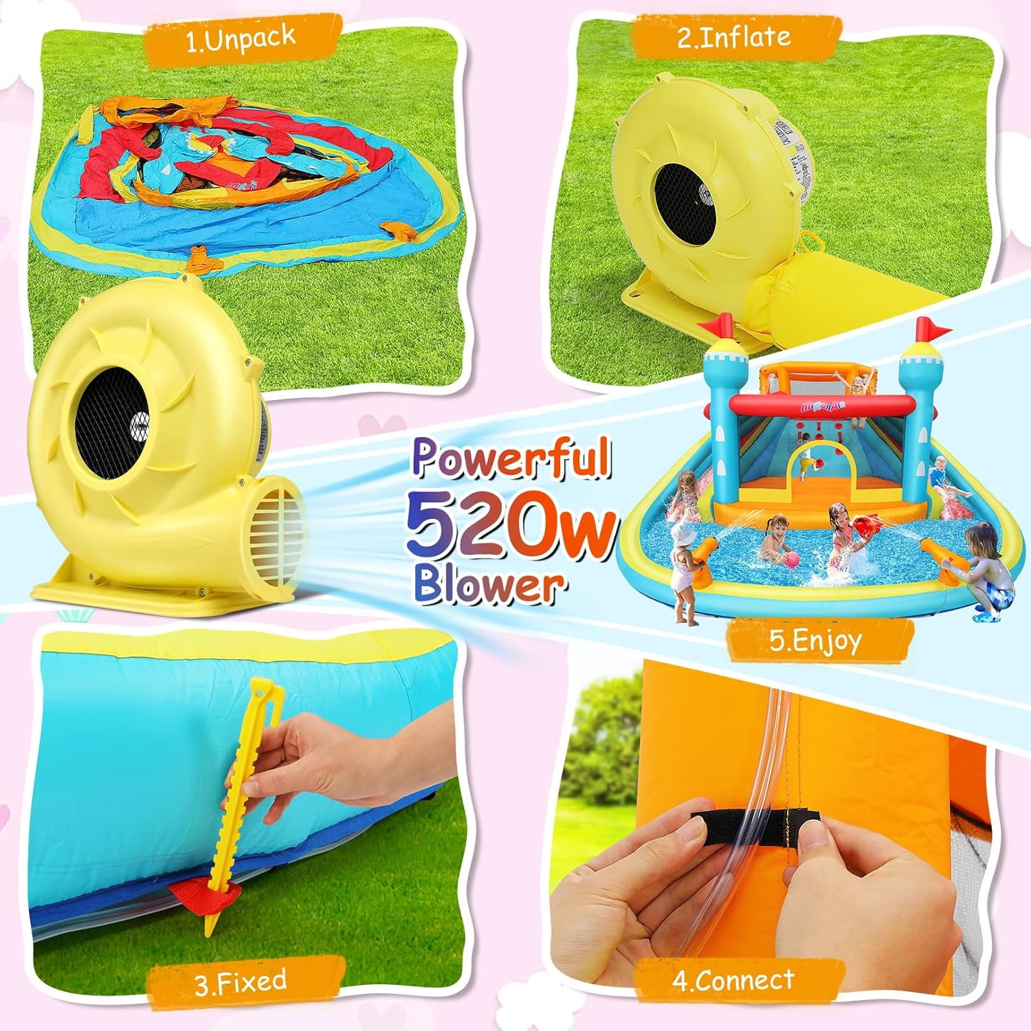 Adnoom 13.8FTx14.1FT Inflatable Pool Water Slide with Double Slides, Indoor Bounce House W/520W Blower,Jumpy House,climbing Wall&Water Cannon,Large Inflatable Water Park for Big Kids 3-10