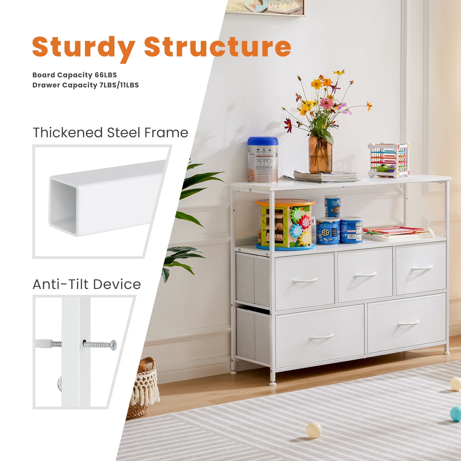 EDX Dresser TV Stand, Entertainment Center with 5 Fabric Drawers, Media Console Table with Open Shel(图3) EDX Dresser TV Stand, Entertainment Center with 5 Fabric Drawers, Media Console Table with Open Shel(图3)