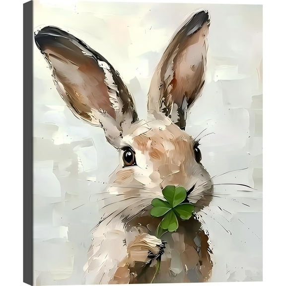 Aaheei St.Patrick's Day Shamrock and Bunny Canvas Painting Print, Easter Baby Rabbit Animal Print Portrait Canvas Wall Art, Artwork Picture Wall Decor for Bedroom Living Room