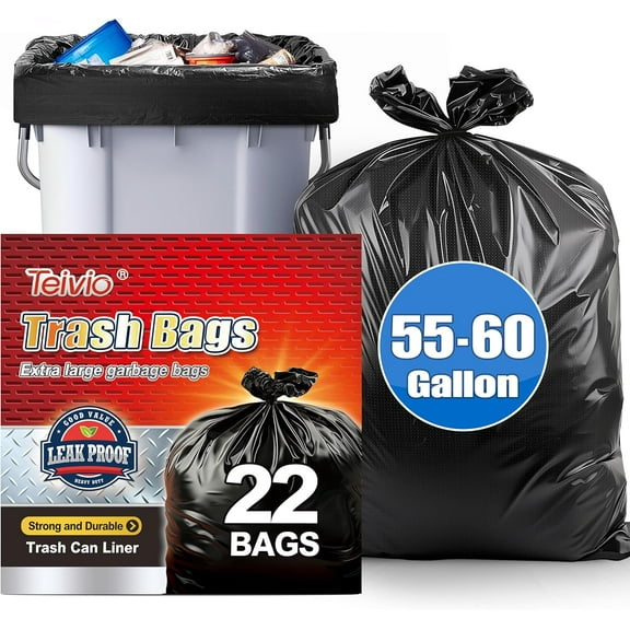 Large Black Trash Bags 55-60 Gallon 22 Counts Fit 50,55,60,Gal All Purpose Garbage Bags, Extra Large Lawn and Leaf Bags Outdoor Trash Can Liner, Drum Liners, Workshops, Backyard