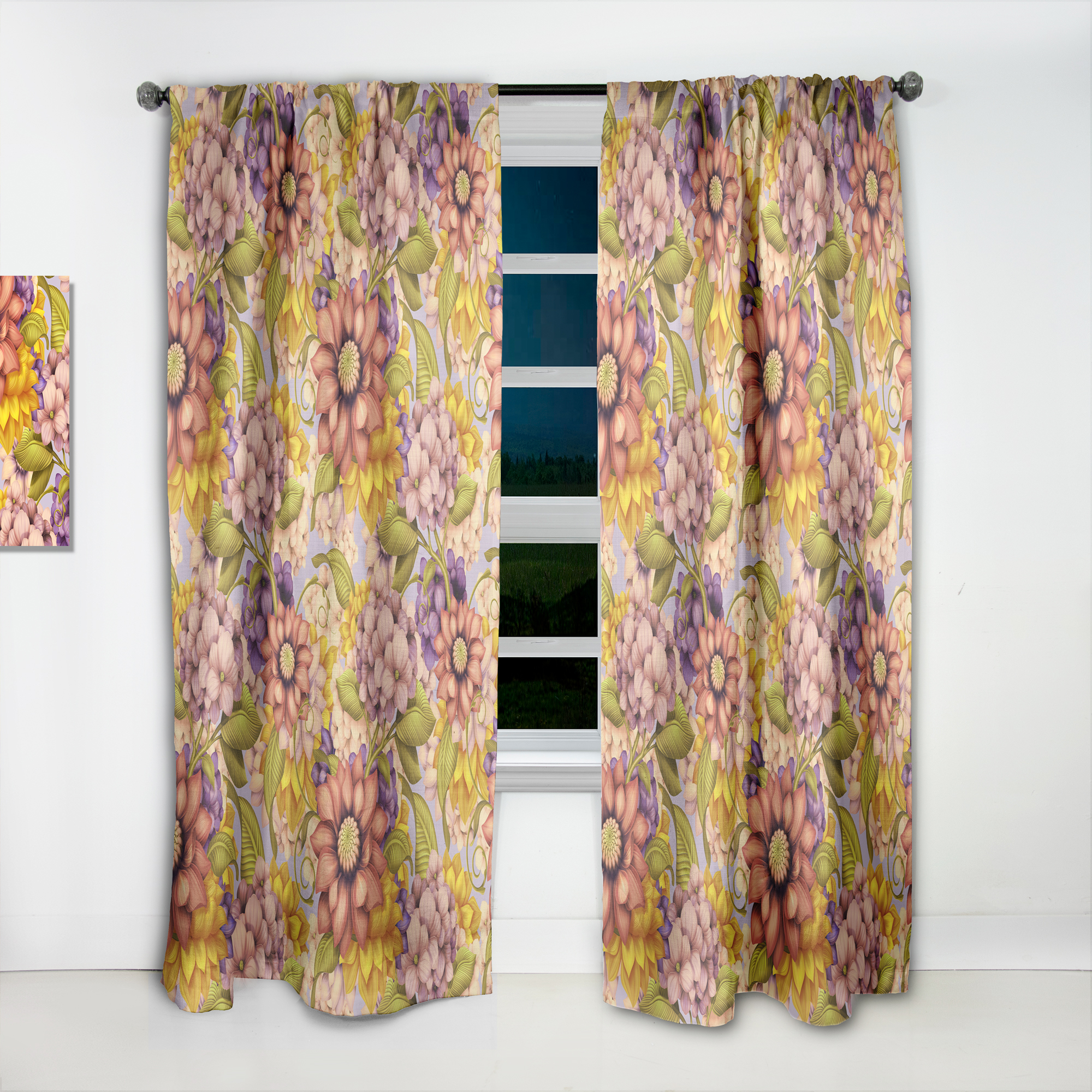 Designart 'Wild Pink Red and Purple Vintage Flowers' Traditional Curtain Panel