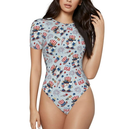 Rocae I Love USA for One Piece Round Neck Short Sleeve Bodysuits for Women Casual Basic Bodysuit Daily Jumpsuit T Shirts-X-Large