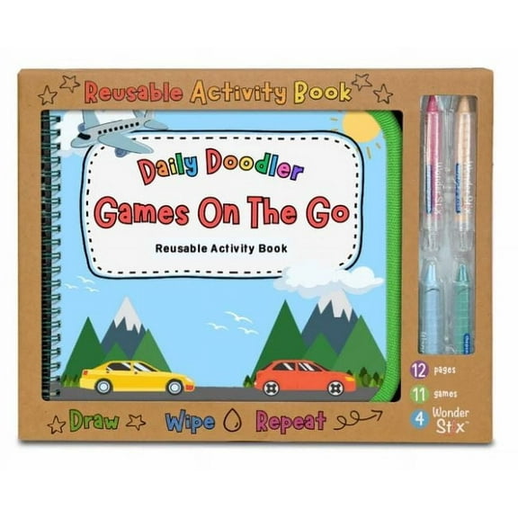 The Pencil Grip Daily Doodler Reusable Activity Book-Games on the Go, Includes 4 Wonder Stix