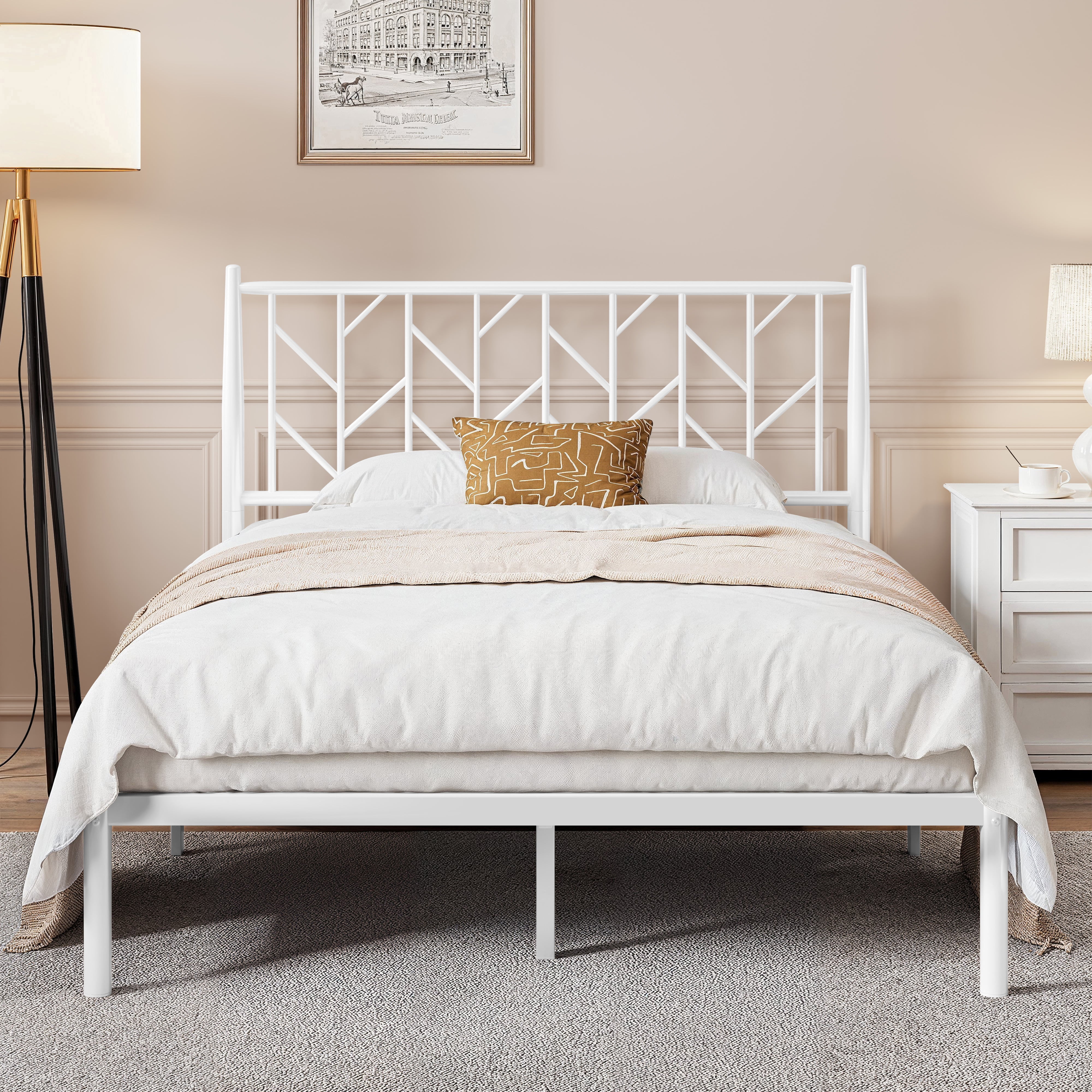 Sha Cerlin White Queen Size Metal Platform Bed Frame with Victorian Vintage Headboard & Underbed Storage, Adult