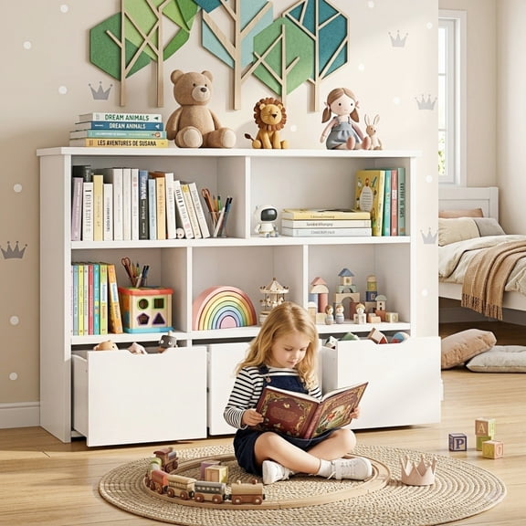 Kbun 5 Cube Toy Storage Cabinet, Kids Geometric Bookcase and Bookshelf with 3 large Drawers, Toddler Book Shelf for Kids Rooms, Playroom, Nursery, Kindergarten White