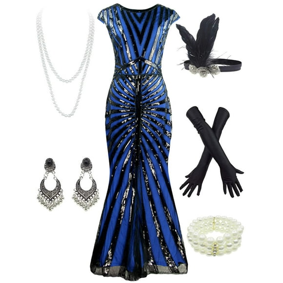 Letter Love Women 1920S Gatsby Sequin Mermaid Formal Evening Dress With 20s Accessories Costume (Large, Style-8 Black Blue)