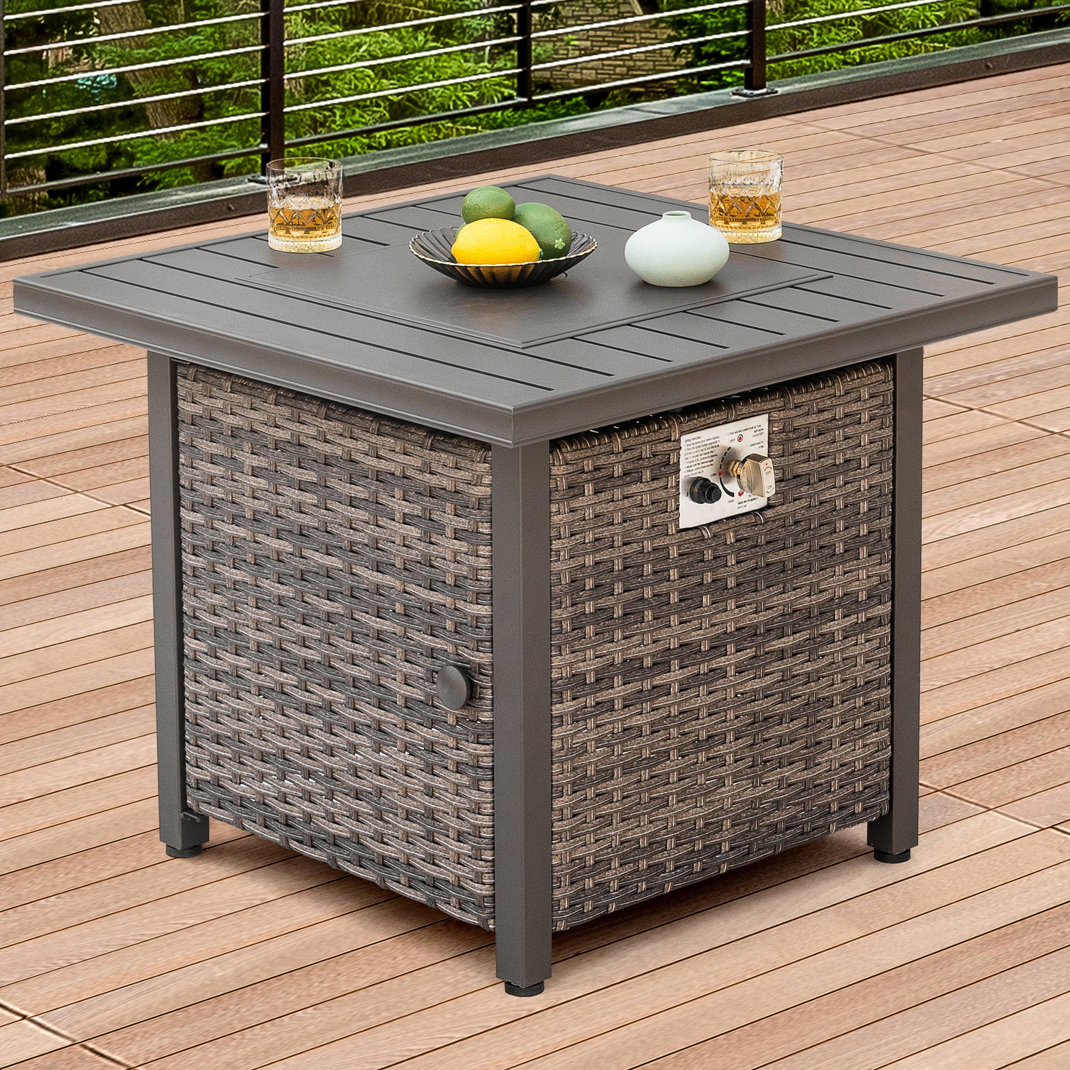 Nuu Garden 30 inch Outdoor Propane Fire Pit 50,000 BTU Gas Fire Pit Table with Lid, Hand-Woven Wicker, Square Gas Fire Pit Table with Glass Beads for Garden, Patio, CSA Certification