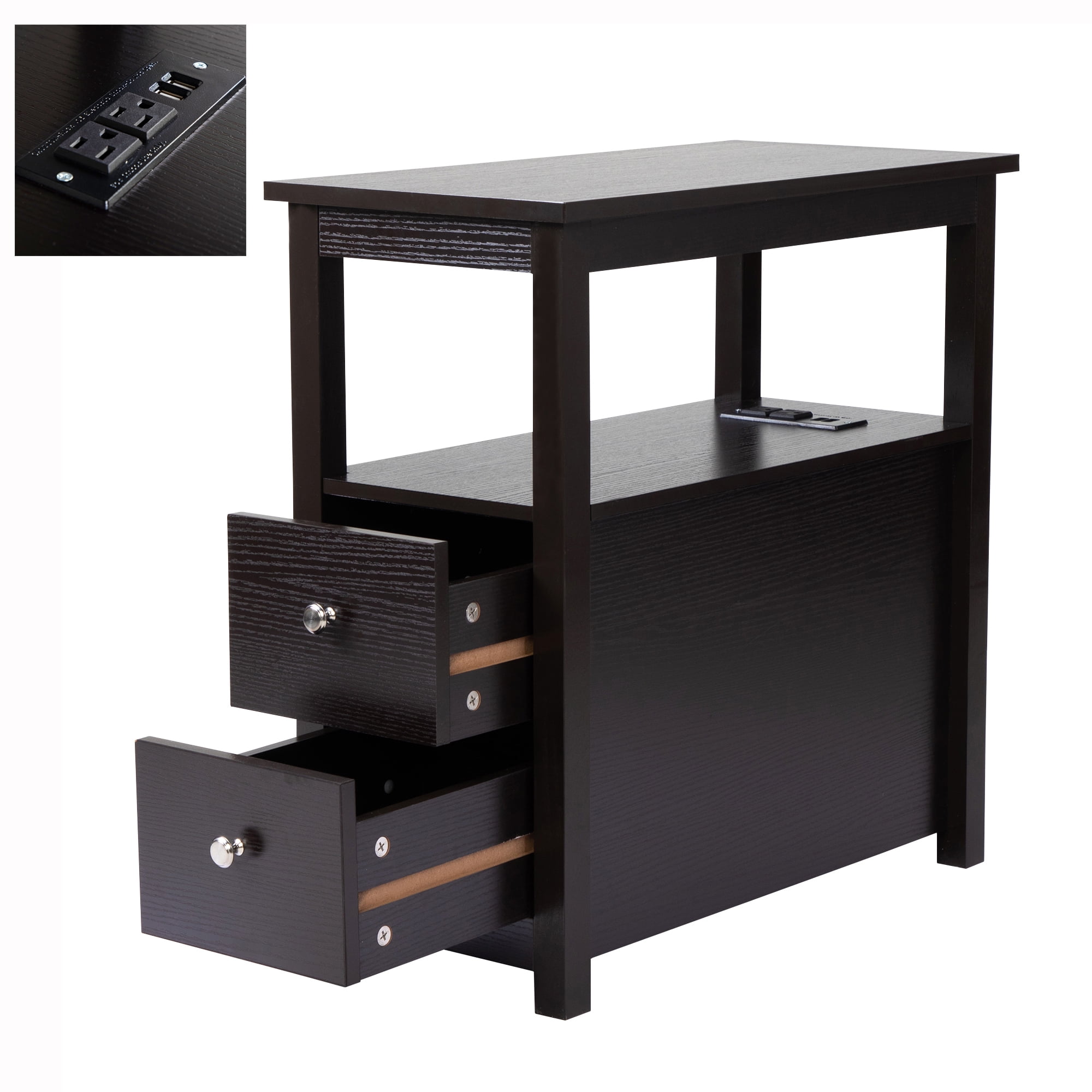 End Table with Drawers and Charging Station, Narrow Wooden Side Tables ...