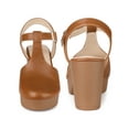 thumbnail image 2 of BLISSFUL STEP Women's Platform T-Strap Block Heels Sandals Solid Round Toe Faux Leather Shoes Brown 7, 2 of 7