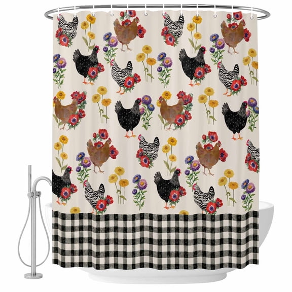 Farmhouse Rooster Shower Curtain, Waterproof Shower Curtains for Bathroom, Vintage Watercolor Flowers Black Plaid Washable Fabric Bathtub Curtain Set Bath Decor with 12 Hooks Long 72"x84"