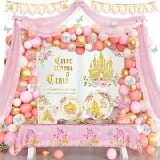 Prince Birthday Party Decorations, Birthday Decorations for Girls, Once Upon a Time Party Supplies, Pink Fairytale Theme Backdrop Balloon Banner Tablecloth Cake Topper Plates, Napkins, Forks
