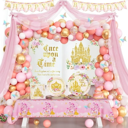 Prince Birthday Party Decorations, Birthday Decorations for Girls, Once Upon a Time Party Supplies, Pink Fairytale Theme Backdrop Balloon Banner Tablecloth Cake Topper Plates, Napkins, Forks