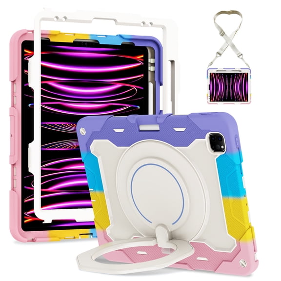 FJLBDE Case for iPad Air 13 Inch M4/M3/M2(2026/2025/2024) with 360 Kickstand, Shoulder Strap Carrying Cover, Multicolor Pink