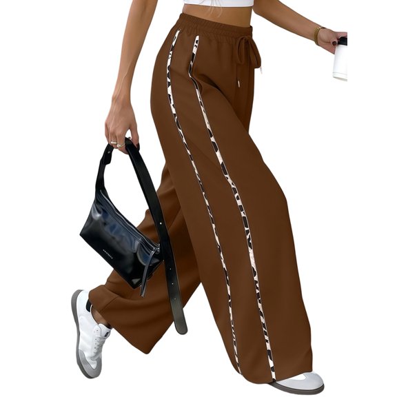 Women Wide Leg Sweatpants High Waisted Baggy Sweat Pants Active Striped Track Pants with Pockets Brown L