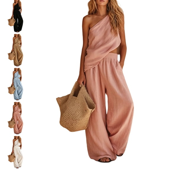 MLCDZ Womens Cotton Linen Sets 2 Piece Vacation Matching Outfits One Shoulder Sleeveless Crop Top Loose Wide Leg Pants Pockets Boho Travel Resort Outfit