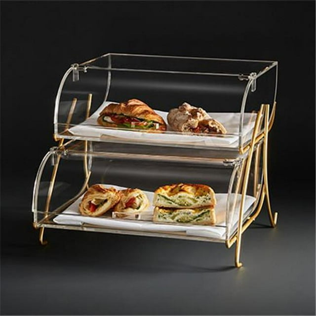 2-Tier Clear Acrylic Bakery Display Case with Brass Metal Stand