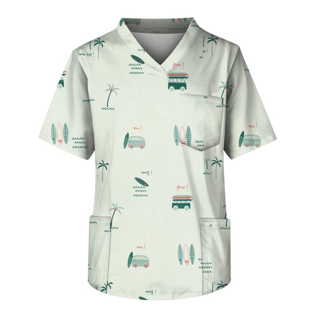 LINMOUA Men's Plus Size Halloween Printed Scrub Top, Cross V-Neck, Short Sleeve