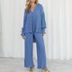thumbnail image 4 of Pantalones Blusa de mujer Top Pantalones largos Estilo elegante Traje de vacaciones de pierna ancha (Azul L) Kuymtek Azul T L para Mujer, 4 of 7