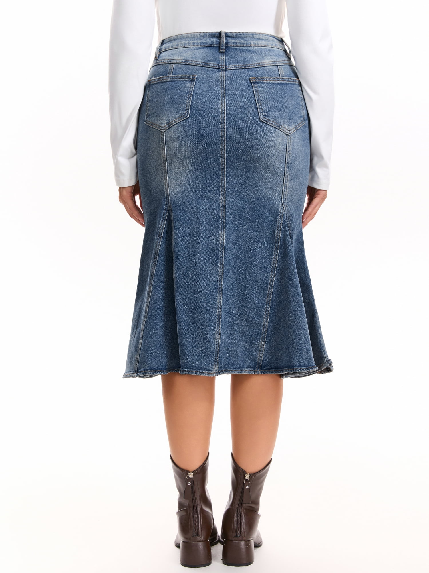 DARING DIVA Women's Denim Washed High Waisted Fishtail Midi Jean Skirt S Gray Blue