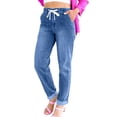 thumbnail image 2 of Wutalume Jeans for Women Slim Fit Straight Leg, Versatile Casual Pants with Cuff Hem, Pure Color Denim for Easy Styling,Light Blue XL, 2 of 7