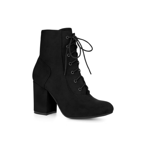 BLISSFUL STEP Women's Ankle Boots Faux Suede Chunky Heel Lace-Up Zip Booties Black 9