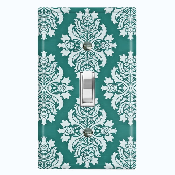 Metal Light Switch Plate Outlet Cover (Victorian Damask Flower Green Dark Pattern - Single Toggle)