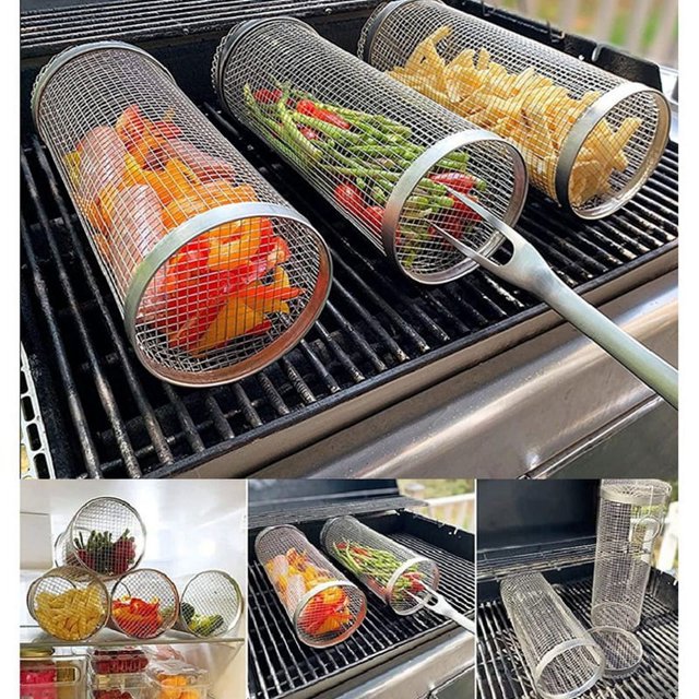 2 cestas de acero inoxidable para barbacoa, parrilla para cocinar al aire libre, parrilla para fogatas, utensilios de cocina para viajes familiares, camping, picnic, 35 cm