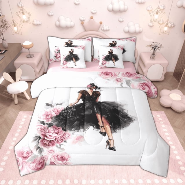 Manfei Ensemble de Literie Couette Princesse pour Filles, Ensemble de Literie Complet Chic Robe Noire, Drap-Housse Drap Plat Fleurs Roses Mignonnes, Décor de Chambre Luxueux Réversible 7 Pcs