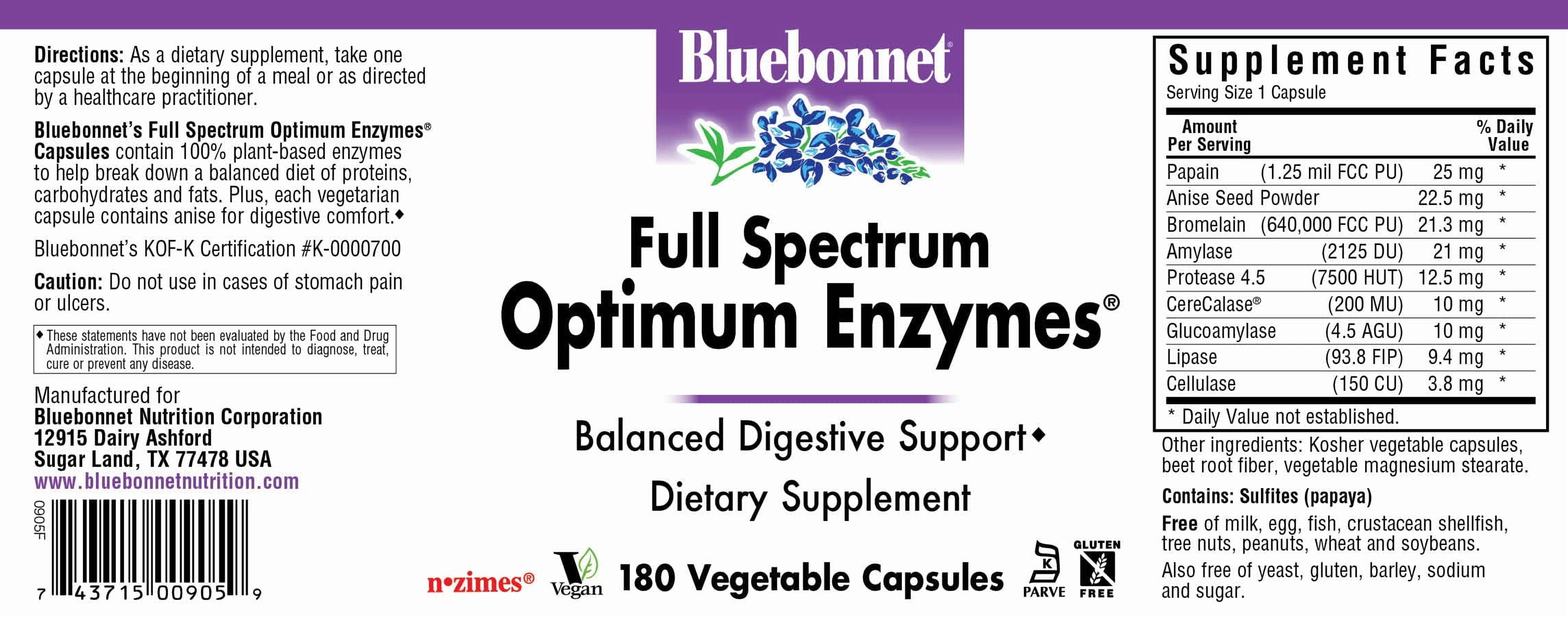 Bluebonnet Nutrition Full Spectrum Optimum Enzymes Vegetarian Capsules, 180 Count