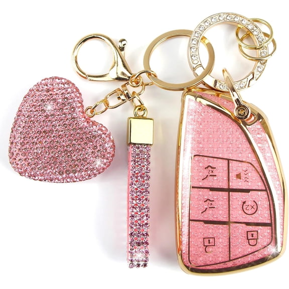 Key Fob Cover with Diamond Keychain Fit for Chevy Car Key Holder Case Compatible with Chevrolet 2021-2024 Tahoe Suburban GMC Yukon Denali Silverado Smart Key Protector, 6 Buttons (Pink-Heart)