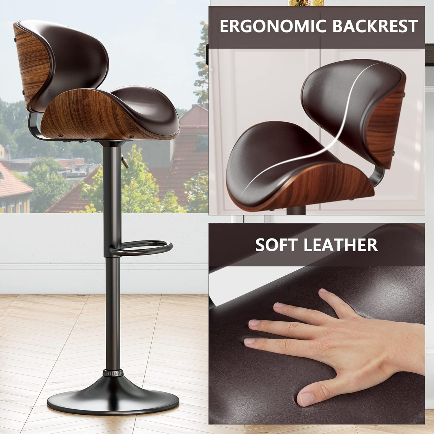 Bar Stools Adjustable Swivel Barstools Counter Stools with Back Sets of 2, Mid-Century Modern PU Leather Upholstered Counter Height Barstools, Kitchen Island Bar Chairs, Brown