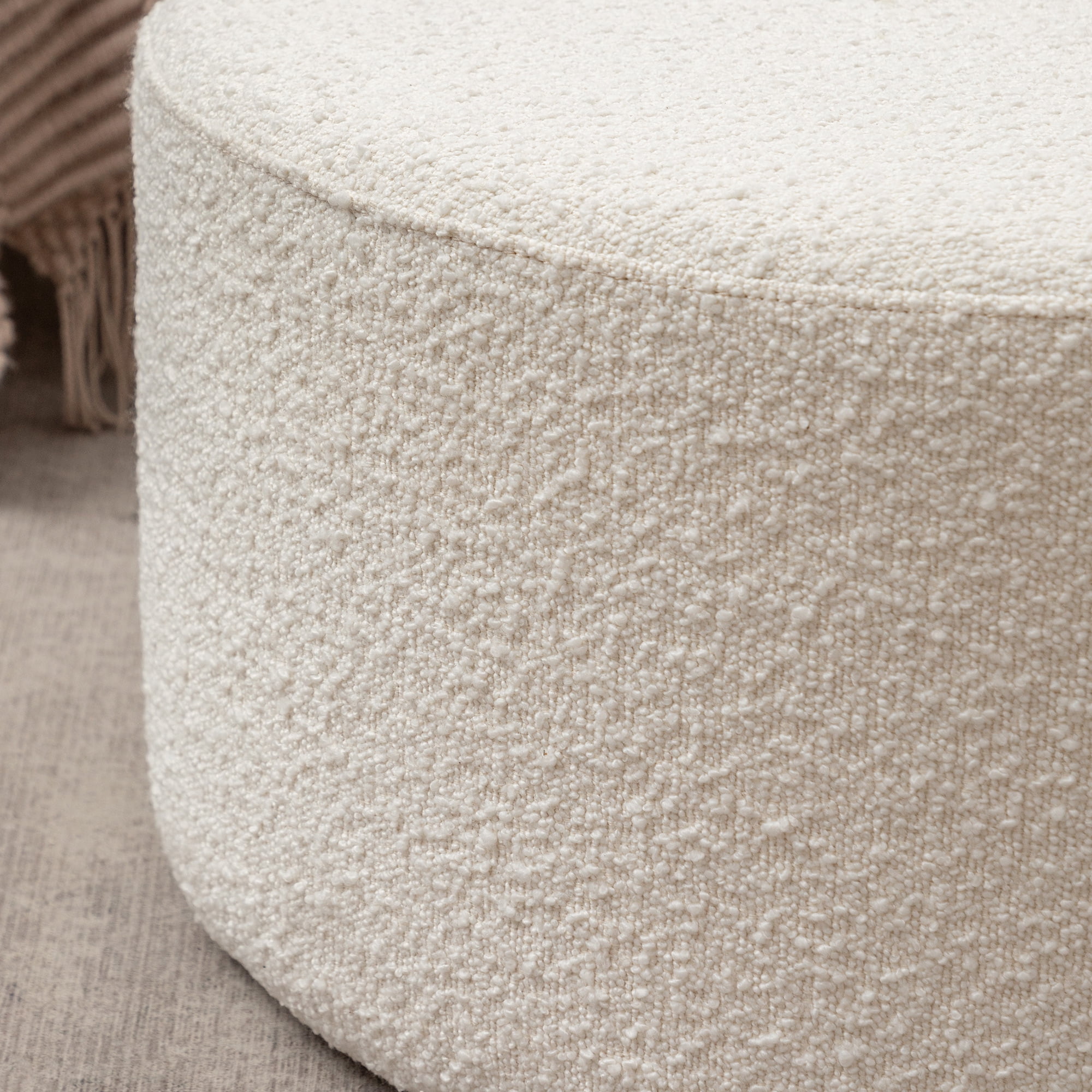 Modern Round Boucle Upholstered Ottoman with Soft Padded Seat, Multi-Functional Sofa Footrest, Side Table, Extra Seating (Cream, 24" D x 24" W x 13" H)