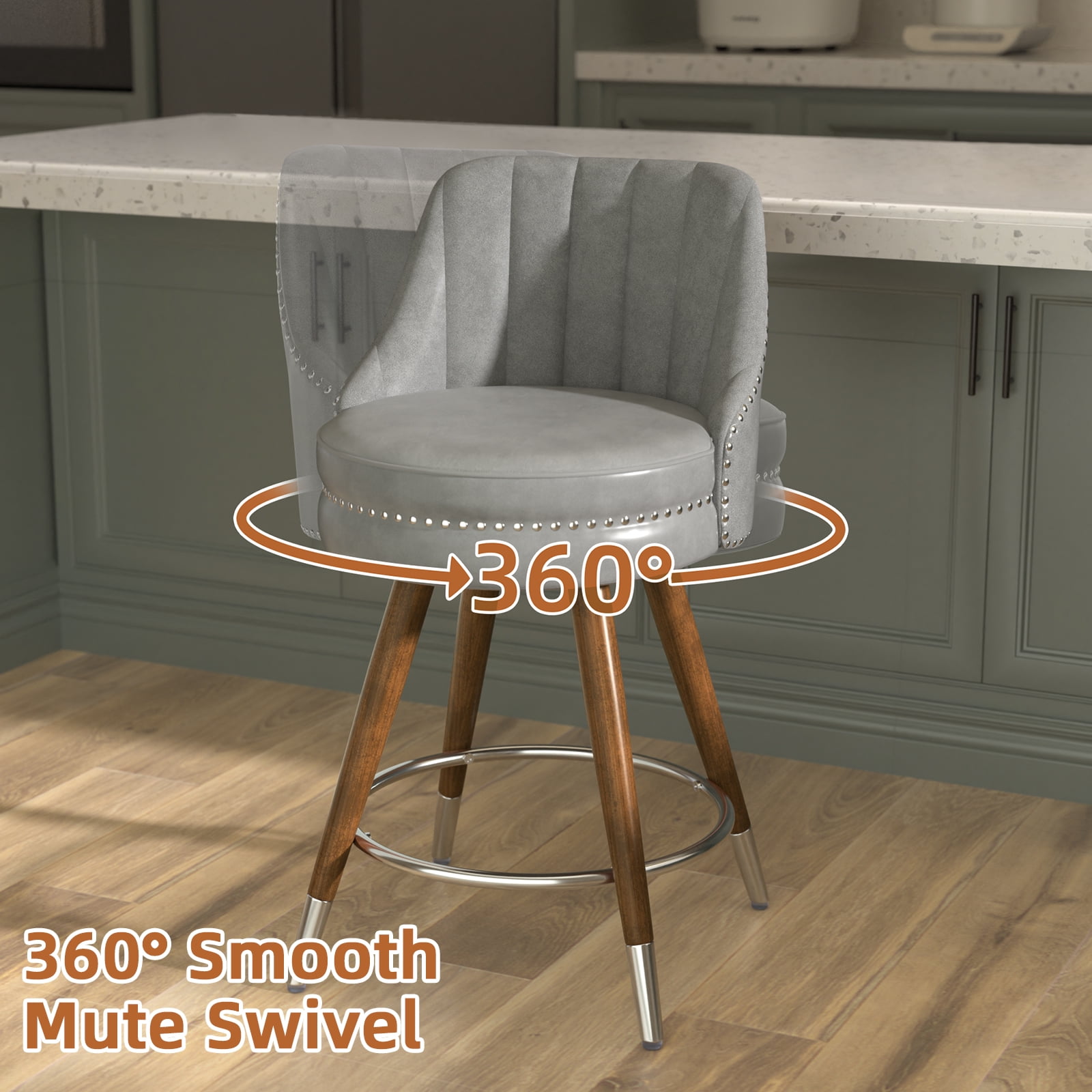HomeZeer Swivel Bar Stools Set of 4, Counter Height Bar Stools with Back, Leather Swivel Counter Stools with Wood Legs and Footrest, Upholstered Bar Stools Chairs for Kitchen Island, Grey