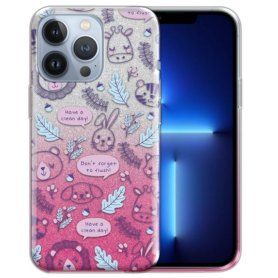 WIRESTER Silver Pink Gradient 2 Tone Glitter Case, Sparkle Bling TPU Cover for Apple iPhone 13 Pro Max 6.7" 2021, Animal Doodle Pattern