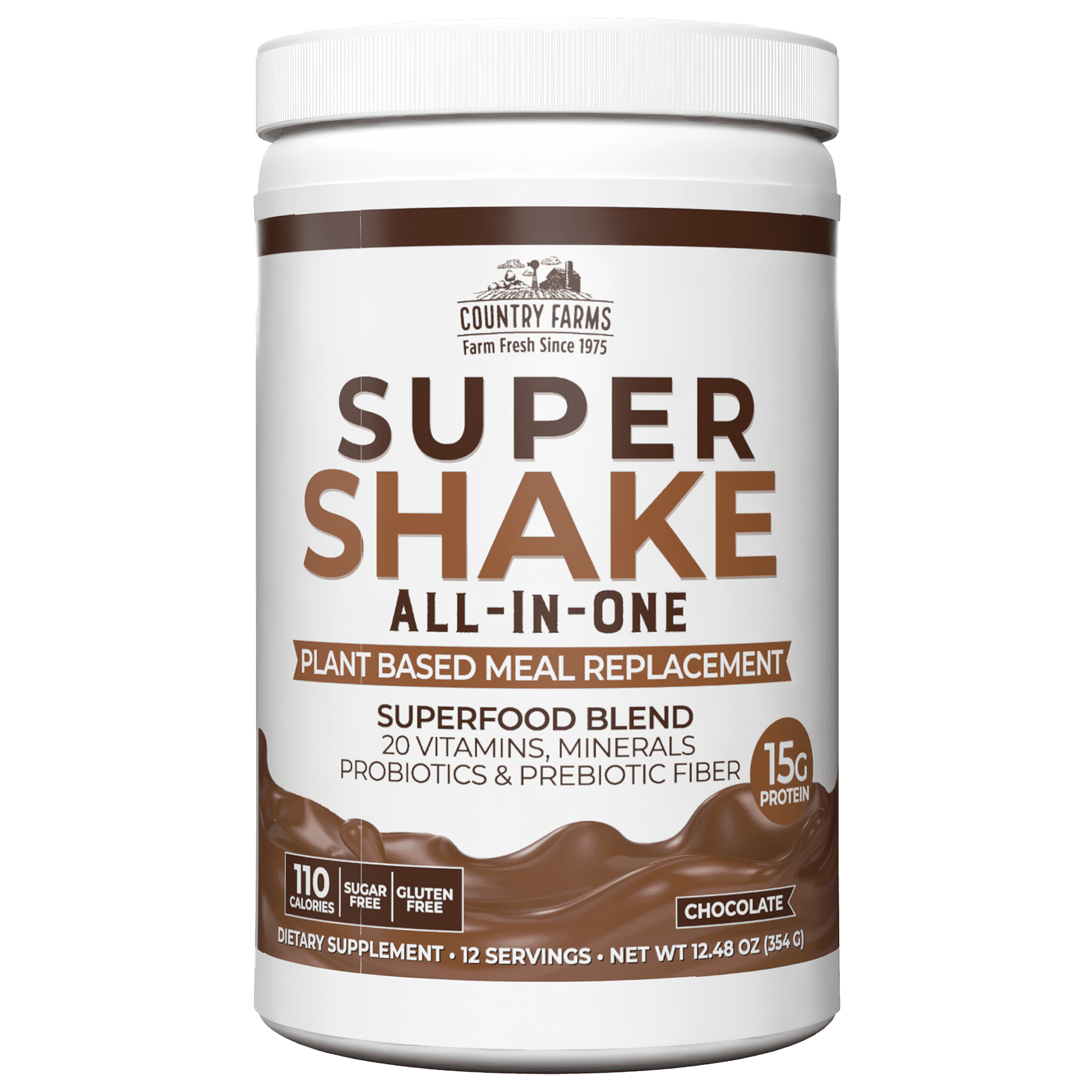 Country Farms All-In-One Super Shake Meal Replacement Dietary Supplement, with Superfoods, Vitamins, Probiotics and Prebiotics, Superfoods, 12.48 oz., 12 Servings
