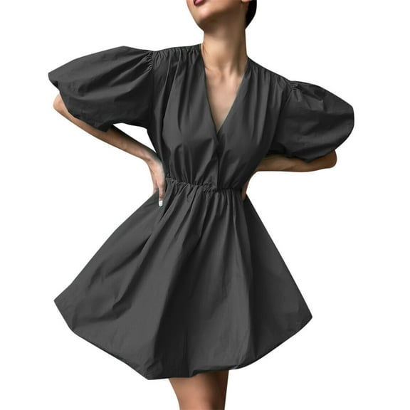 Dpytoraw Women's Casual Solid Color V Neck Puff Sleeve Waist A Line Mini Dress Mini Dresses for Women