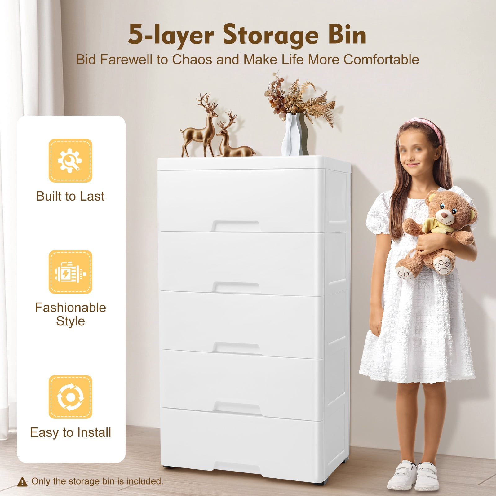 ChicHomey 5 Tier Plastic Drawers Dresser with 5 Drawers,Rolling Storage Cabinet 4 Casters,White Modern Home Organization for Bedroom/Living Room/Children's Room​