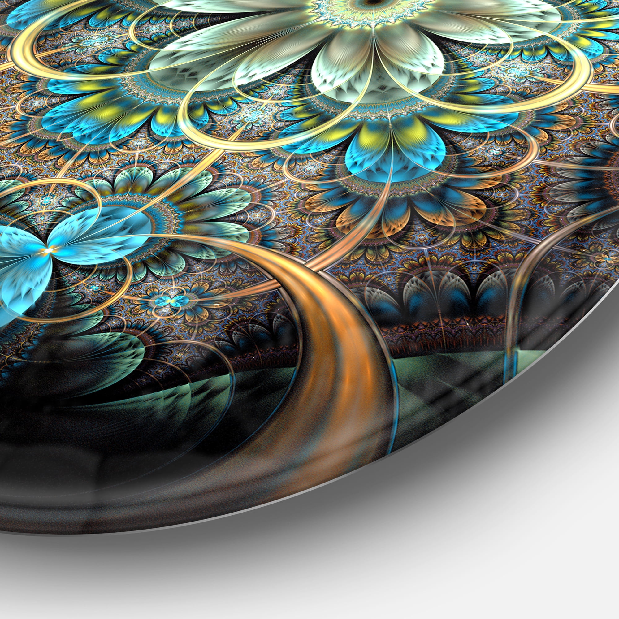 Designart 'Lighted Blue Fractal Blue Flowers' Disc Floral Circle Metal Wall Art