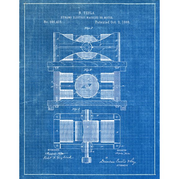 Original Dynamo Machine Tesla Artwork Submitted In 1888 - Science and Technology - Patent Art Print