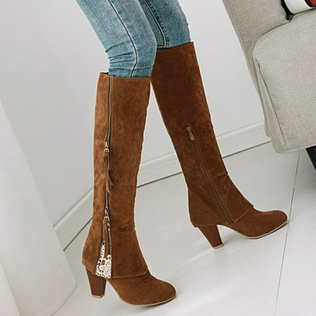 

Women Boots Winter Square High Heel Knee-high Zip Pointed Toe Shoes Fleece Vamp Female Boots