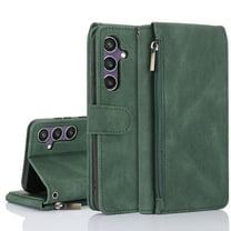Dteck Case for Samsung Galaxy S23 FE,Durable PU Leather Magnetic Flip Zipper Card Holder Wallet Case Shockproof Rubber Kickstand Cover with Wrist Strap for Galaxy S23 FE, Darkgreen