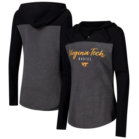 Women's Heather Charcoal Virginia Tech Hokies Knockout Color Block Hooded V-Neck Long Sleeve T-Shirt