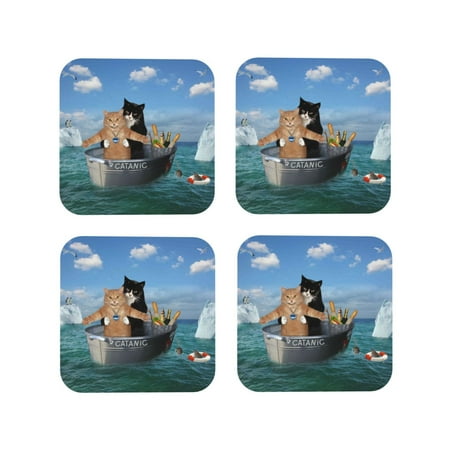 

Tideii Two Brave Cats Are Floating On The Sea Iceberg for Leather Coasters 4 Pieces Anti-fouling and Anti-scalding Decorative Coasters Suitable for Restaurants Kitchens Coffee Shops-Square