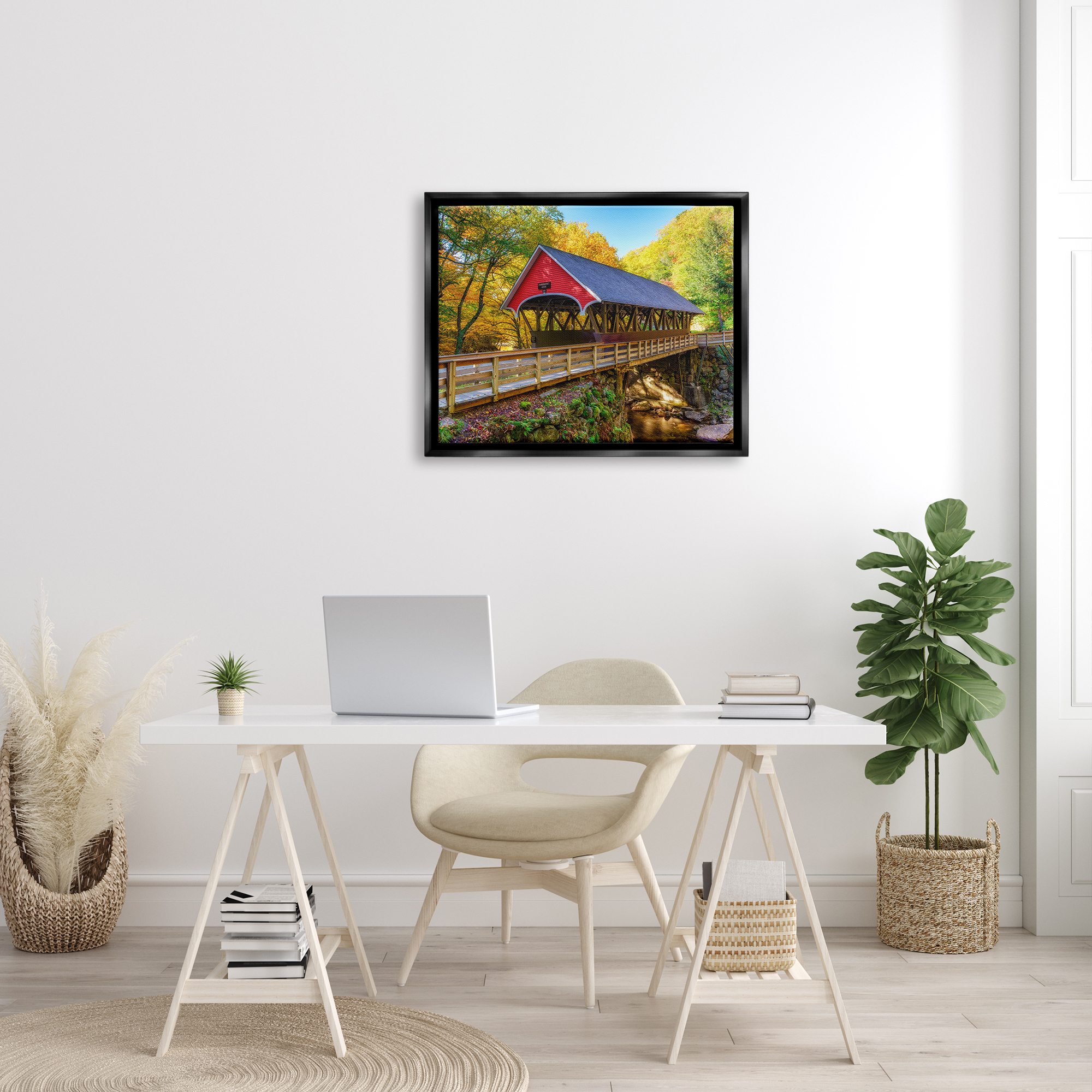 Stupell Red Covered Bridge Woodland Creek Landscape Photography Black Floater Framed Art Print Wall Art